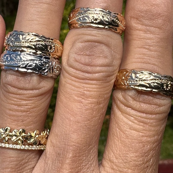 Hawaiian Heirloom Heritage Scroll 14K Gold Plated Plumeria Ring - Picture 3 of 6